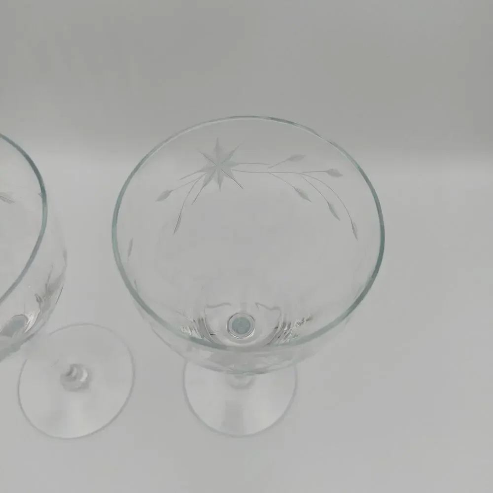 Vintage Etched Glass Wine Goblets Starburst Pattern Set of 2